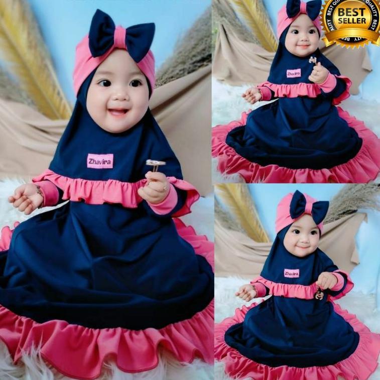 HARGA TERMURAH Gamis Bayi Anak Perempuan Rempel Set Jilbab Turban Zhavira Size NB NewBorn - 3 Tahun