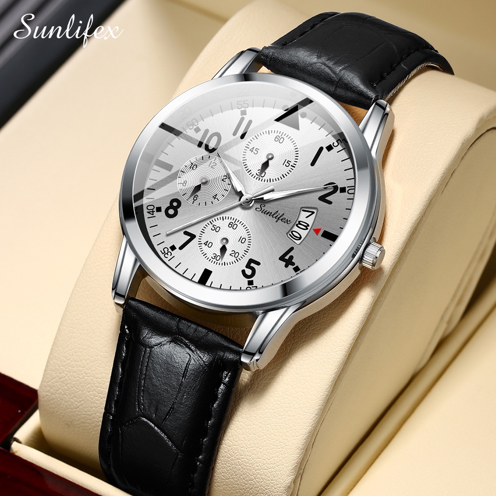 Sunlifex Jam Tangan Pria 7004 Original Anti Air Kuarsa Tali Kulit Jam Tangan Cowok-BlackWhite