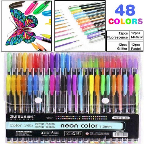 Ready Stock 48pcs/Set Pen Gel Set Pulpen Metalik Pastel Glitter Neon Gel Untuk Buku Mewarnai Dewasa