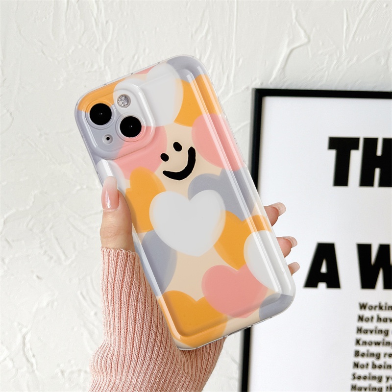 IPHONE Kartun Smiley Case Kompatibel Untuk Iphone11 14 13 12 Pro MAX 6 6S 7 8 Plus XR X XS MAX Warna-Warni Cinta Hati Pelindung Kamera Lembut TPU Silicon Shockproof Airbag Penutup Belakang