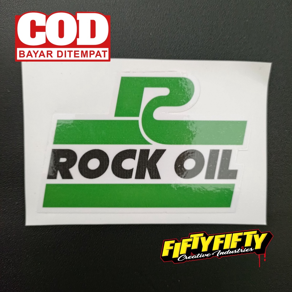 Stiker Print Cut ROCK OIL Stiker Printing Laminasi Glossy Stiker Motor Mobil Helm Sudah Membentuk Pola Desain
