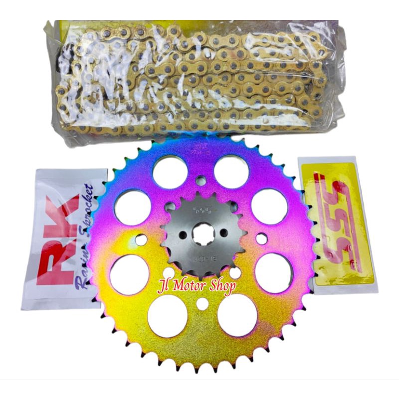 GIR GEAR SET GEARSET 428 MEGAPRO TIGER VERZA GL PRO CB150 CBR150 R VIXION R15 XABRE JUPITER MX KING BYSON CB CBR 150 GEAR DEPAN SSS BELAKANG RK TAKASAGO RAINBOW PELANGI 428 SB GIRSET GEAR SSS + RK RAINBOW RANTAI EMAS SSS