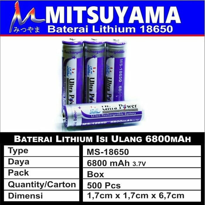 Baterai Batere Battery 18650 Mitsuyama MS-18650 6800 mAh 3.7v Baterai Senter Kepala Baterai Senter S