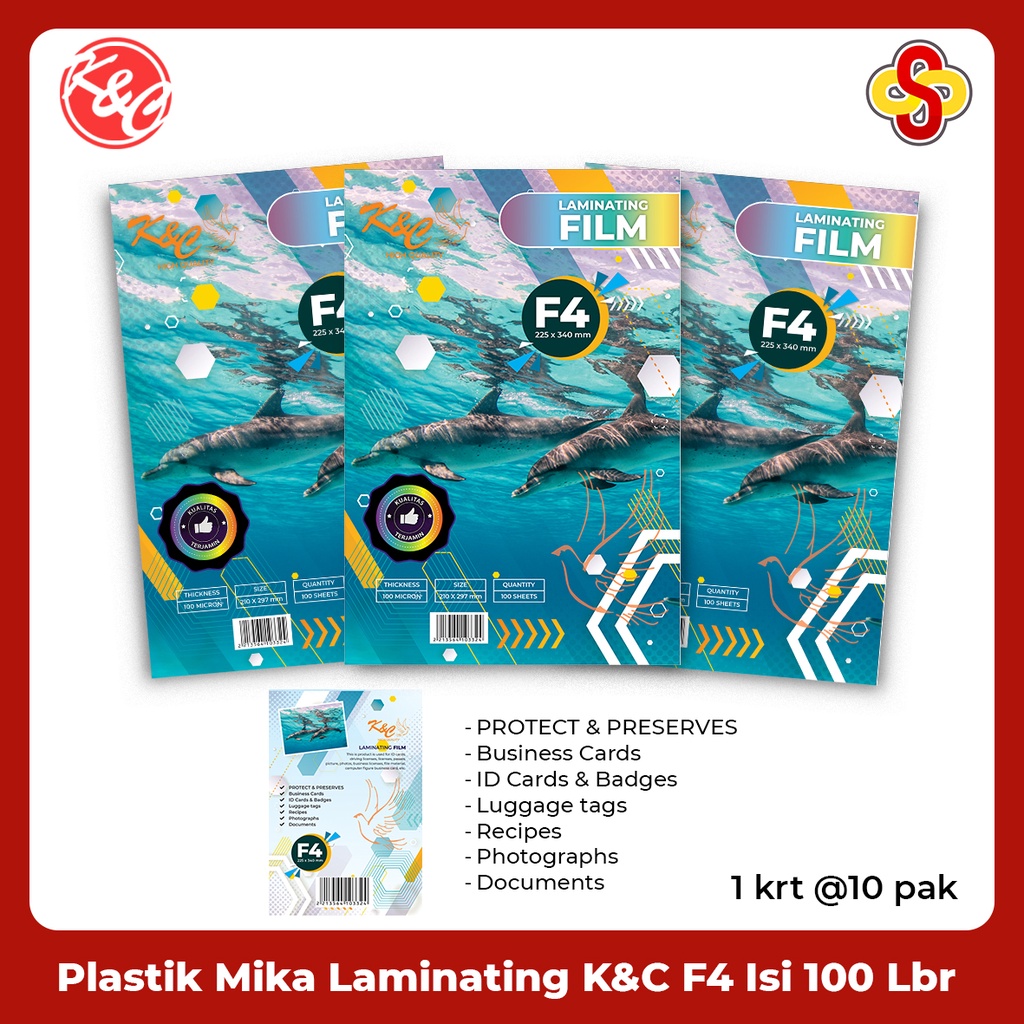 Plastik Mika Laminating K&amp;C F4 Ekonomis 225 x 340 mm 100 micron Isi 100 Lembar