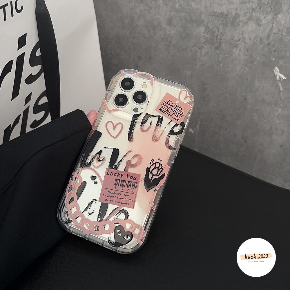 IPHONE Kartun Graffiti Cinta Hati Case Kompatibel Untuk Iphone11 13 12 14 Pro Max6 6s 7 8 Plus XR X XS MAX Shockproof Airbag Comme des Garcons Label Bunga Bening TPU Case Soft Cover