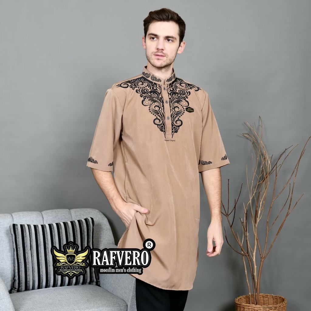 Baju Muslim Koko Pria Qurta Pakistan Bordir Premium Lengan Pendek Brand Rafvero M L XL Bisa COD