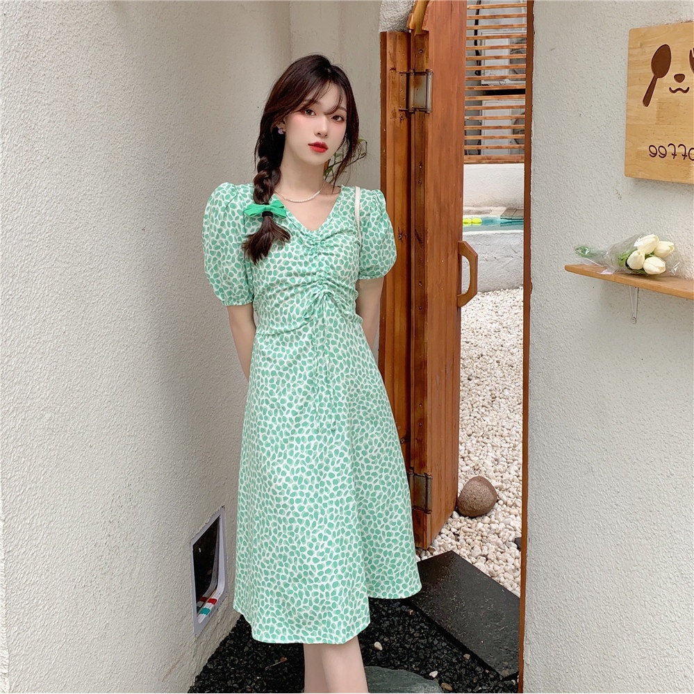 pakaian wanita korea COD Fashion New 2022 daster kerut dada Korean Style dress Blue Green Floral Lace-up Waist Short Sleeve Drawstring V Neck Midi dress biru for Women Summer A-Line tunik Casual Dresses biru  dress wanita 2023 korea