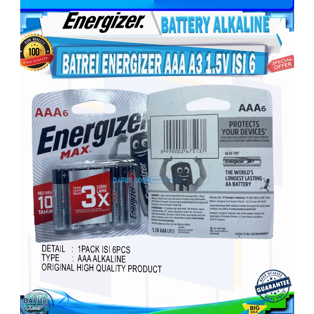 BATRE / BATTERY ENERGIZER AAA ALKALINE 6PCS BATRE A3 ORIGINAL
