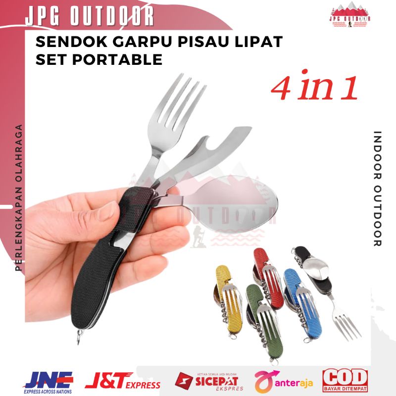 Sendok Garpu Pisau Lipat Set Portabel 4 in 1 Alat Makan Camping Travelling Outdoor Portable