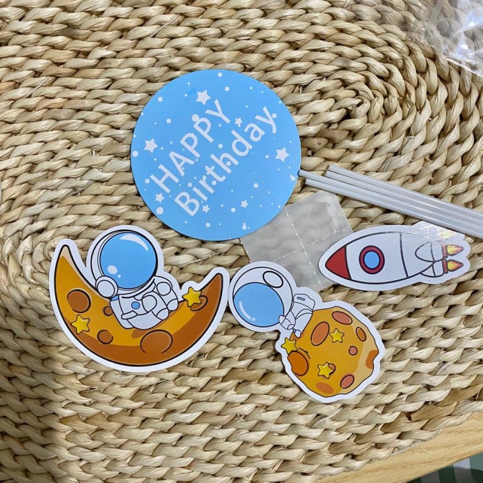 DEKORASI KUE ULTAH CAKE TOPPER GAMBAR ASTRONOT - HIASAN KUE COLORFUL ASTRONAUT TUSUK 1 SET