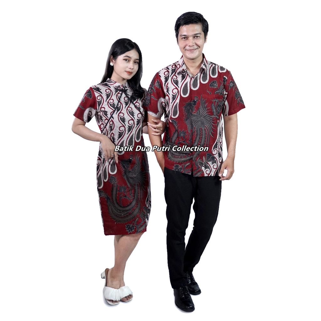 Couple Batik Dress Wanita Hem Pria Lengan Pendek Batik Merak Merah