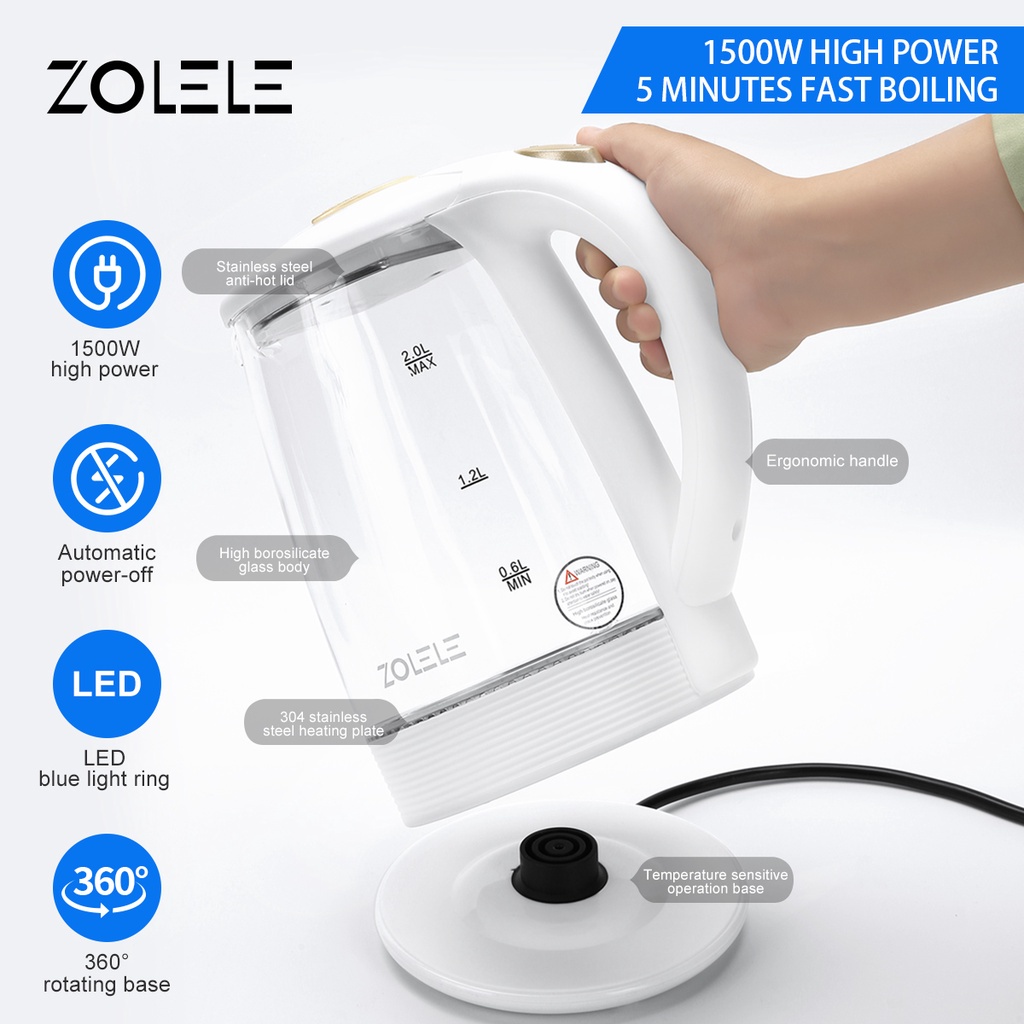 ZOLELE Kettle Listrik Daya Tinggi Anti Panas Isolasi Panas Kettle Listrik 2L ZH101