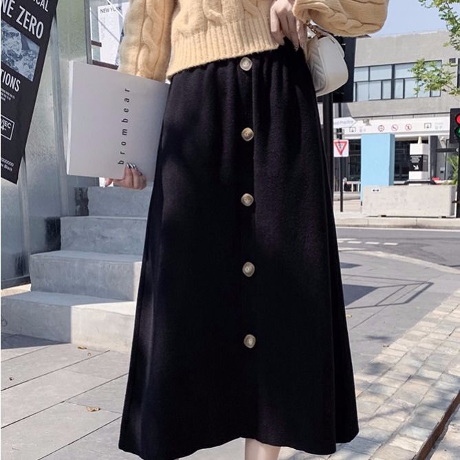 Rok Rajut Korean Style Rok Hitam Panjang Rok Selutut Midi Button Skirt