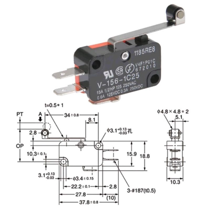 MICRO LIMIT SWICTH ROLLER HINGE GAGANG V-156-1C25 250V 15A 3 PIN