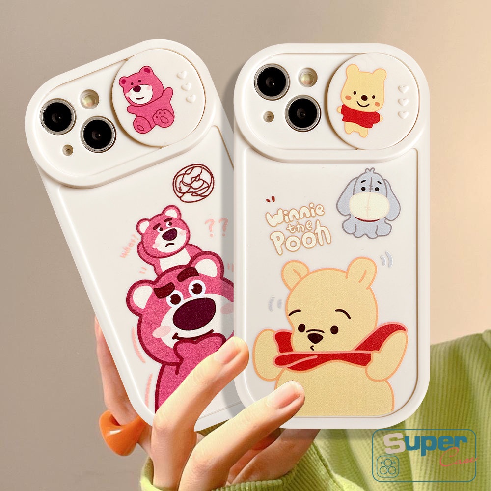 Kartun Manyo Strawberry Bear Winnie the Pooh Couple Case Kompatibel Untuk IPhone 7plus 11 13 12 Pro Max7 8 Plus XR X XS MAX Lembut TPU Silicon Pull Push Window Penutup Pelindung Kamera