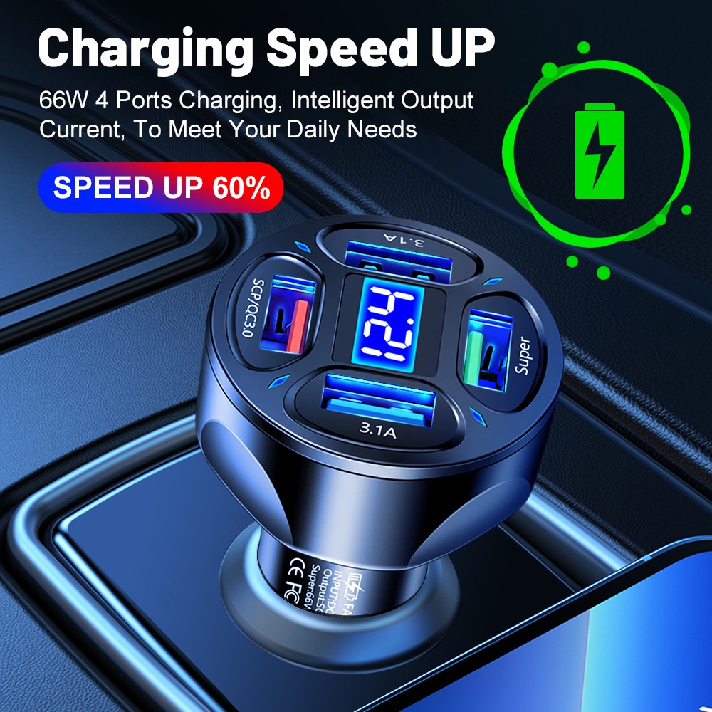 Digital Display USB 4colokan Car Fast Charge 66W PD Car Adoptor Charger Untuk i-Phone Tipe c Android Realme Fast Charge 3.0 In Car