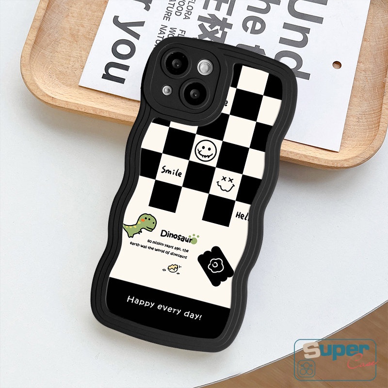 Casing Untuk Samsung A04s A14 A13 A32 A04 A50 A21s A12 A23 A04E A33 A03s A31 A50s A53 A52 A11 A30s A22 A52s A51 A02s A20 M32 Lembut Bergelombang Tepi Lucu Senyum Dinosaurus Plaid Chessboard Case