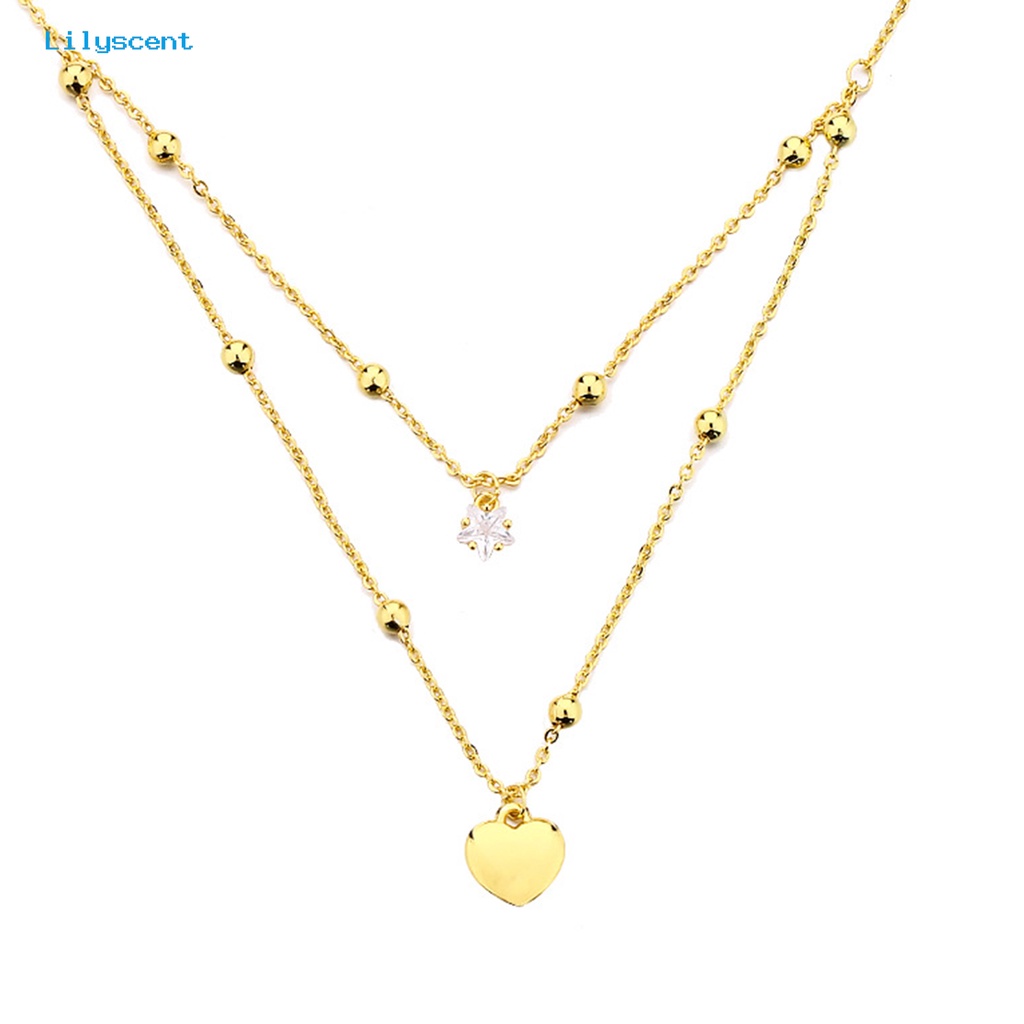 [LS] Kalung Wanita Gaya Korea Dan Jepang Fashion Aksesoris Hadiah Anniversary Manis Double-Layered Star Love Heart Rhinestone Necklace Untuk Pacaran