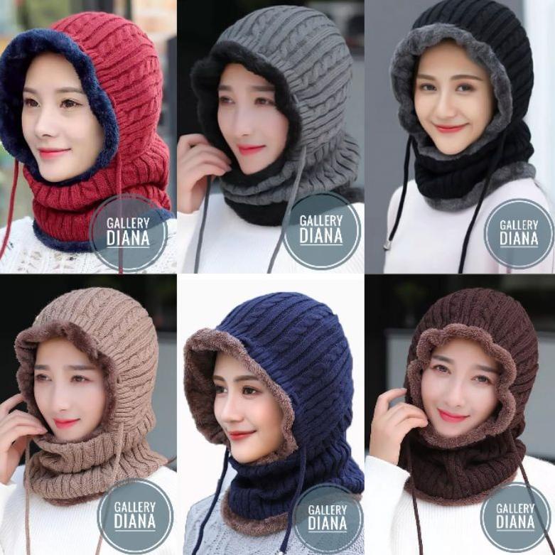 Terkini✣ Topi Kupluk Syal Rajut Pria Wanita Musim Dingin Topi Kupluk Winter Topi Fashion Wanita Kore