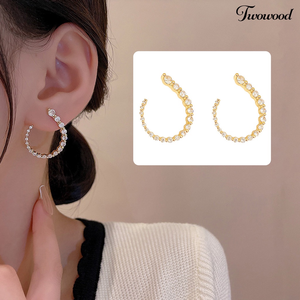 Twowood 1pasang Anting Pejantan Berbentuk C Geometris Minimalis Elegan Mewah Berkilau Berlian Imitasi Wanita Open Hoop Earrings Fashion Jewelry