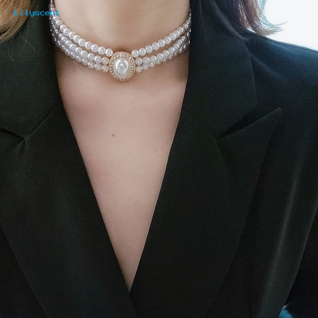 [LS] Wanita Choker Vintage Elegan Mengkilap Berlian Imitasi Bertatahkan Adjustable Dress Up Hadiah Wanita Mutiara Imitasi Klavikula Kalung Perhiasan Trendi