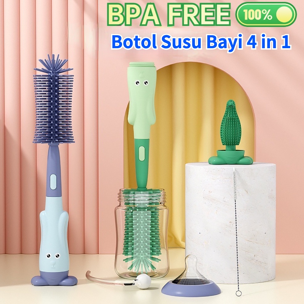 Sikat Pembersih Dot Bayi Empeng Botol Gelas Sedotan 4In1 Spon Silikon