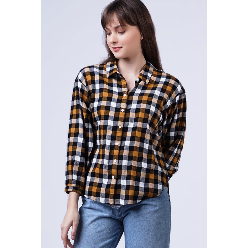 Logo Jeans Kemeja Wanita Flanel Maeva Mustard Black 24858L5MK