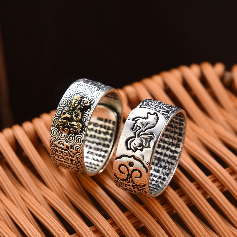 Vintage Namo Amitabha Buddha Nativity Guardian Ring Adjustable Alloy Transit Ring Liburan Masa Kini Pencerahan Agama Rings Untuk Pria Dan Wanita