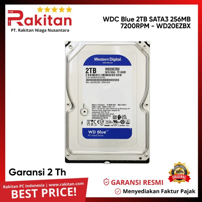 Terlaris Wdc 2Tb Sata3 256Mb - 7200Rpm - Blue - Wd20Ezbx - Garansi 2 Th