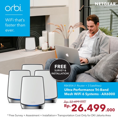 Orbi RBK854 AX6000 Tri-band Mesh WiFi 6 System 1 Router + 3 Satellites N