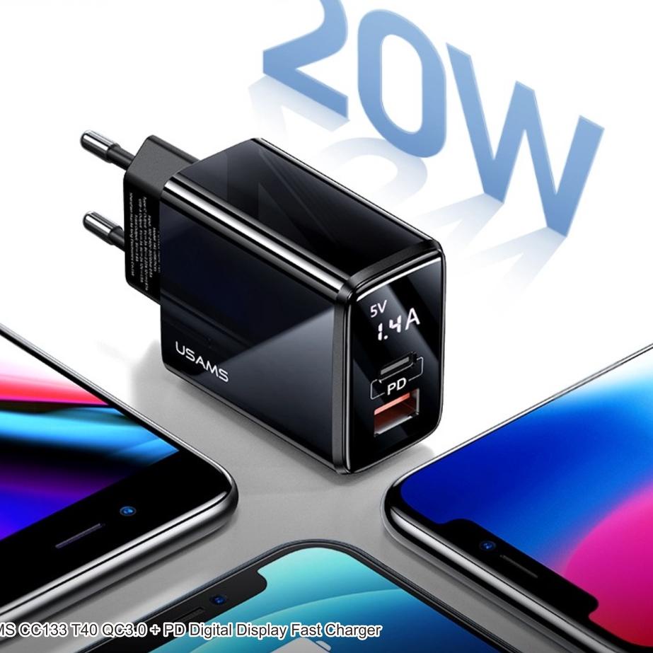 ۩ USAMS T40 Adapter Charger Fast Charge Digital Display PD20W QC3.0 ❅