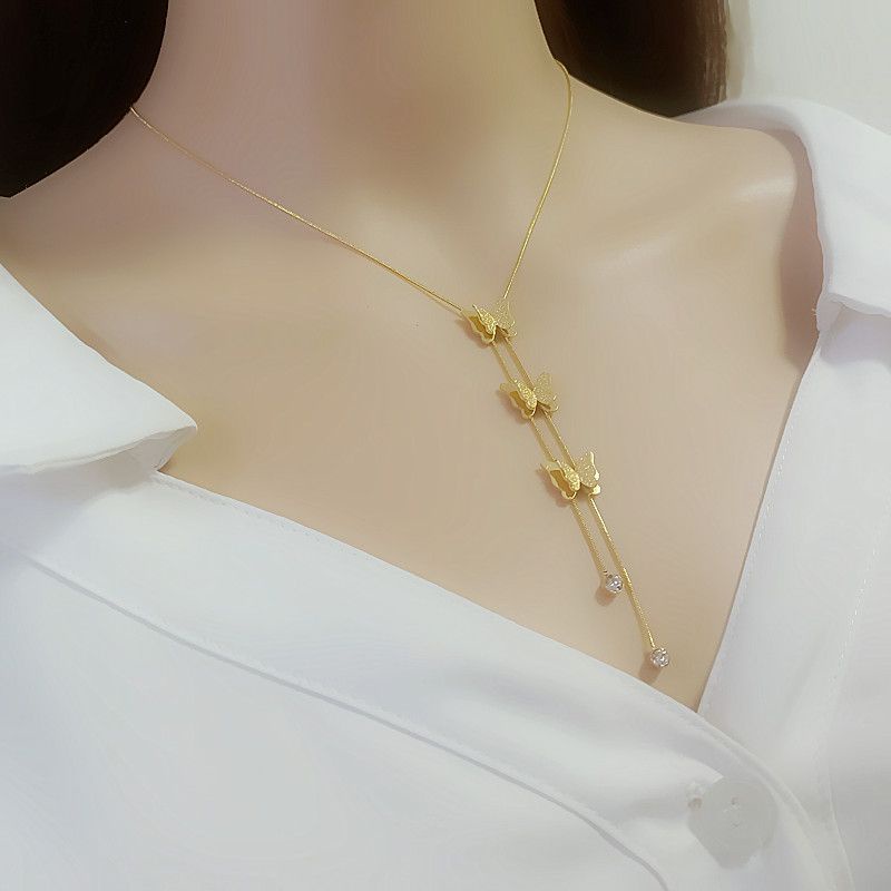 Kalung Wanita Titanium Asli Kalung Wanita Korea Liontin Kupu-Kupu 3 Layer Kalung Wanita Anti Karat T