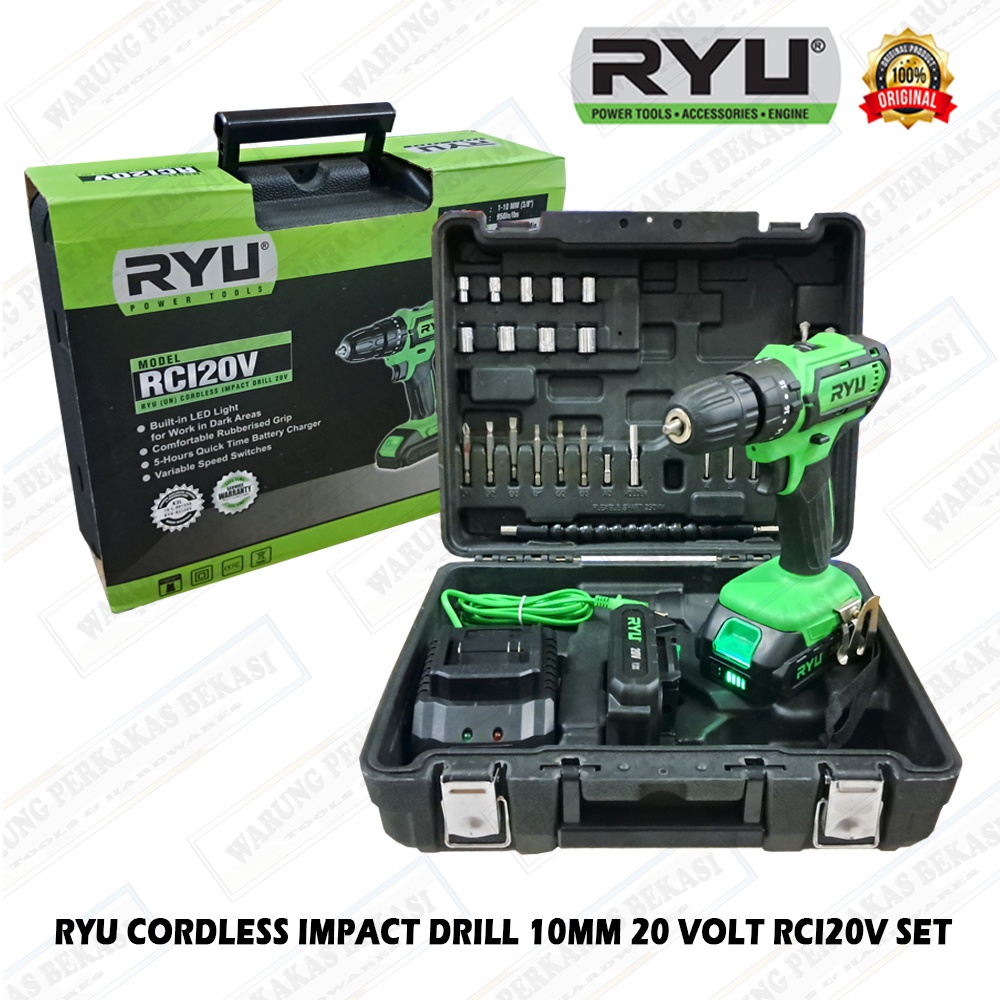RYU By Tekiro 20V Mesin Cordless Impact Drill Bor 10mm Baterai Battery 20 Volt RCI-20V Set Lengkap  Mata Acc Box