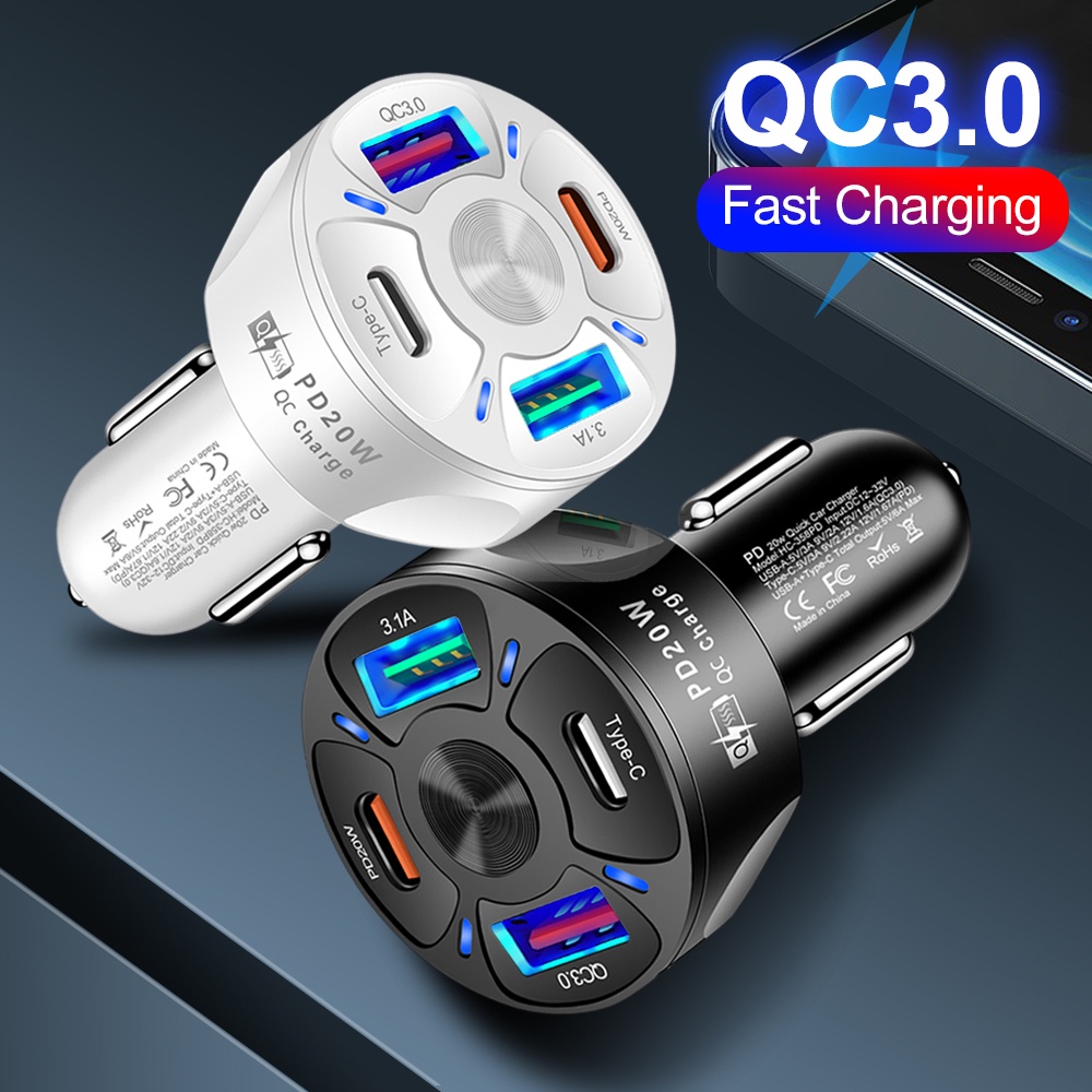 Charger USB Mobil Double-line PD 20W 4port Quick Charge QC3.0 Adaptor Pengisian Cepat Untuk i-phone -Type C Android Car Charger