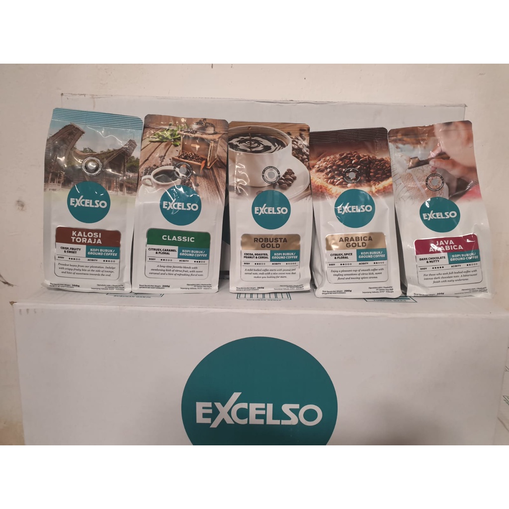 

Excelso Kopi Bubuk Kemasan 200 Gram Varian Robusta, Toraja Dan Arabica