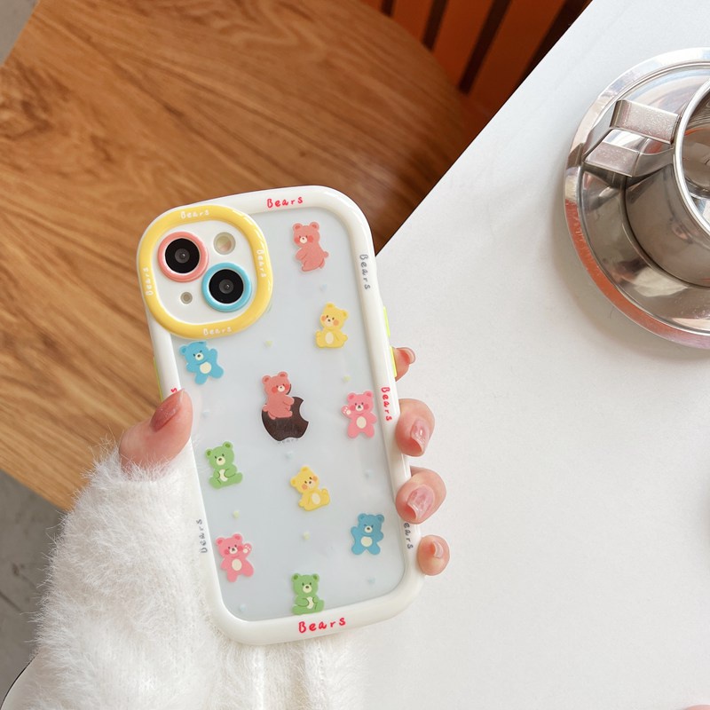 Cute Bears Puff Case iPhone 11 12 13 14 Pro Max 14 Plus Women's Cute Pink Friends Gifts Soft Casing Cover Camera Lens protect