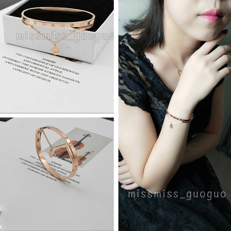 Gelang Liontin Hati Angka Romawi |  Aksesoris Bahan Titanium Steel 18K Warna Rose Gold | Perhiasan Bahan Stainless Steel Untuk Hadiah