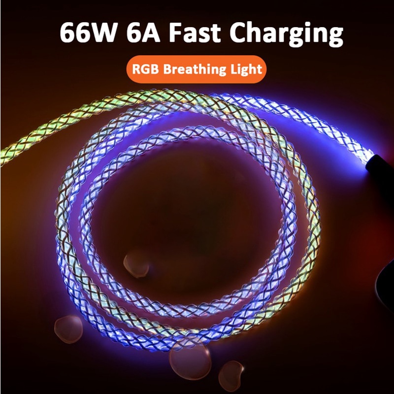 3in1 RGB 6A 66W Kabel Pengisian Super Cepat Micro USB Tipe-C Charger Cable Flow Cool Colorful Glow Data Line Untuk iPhone Android