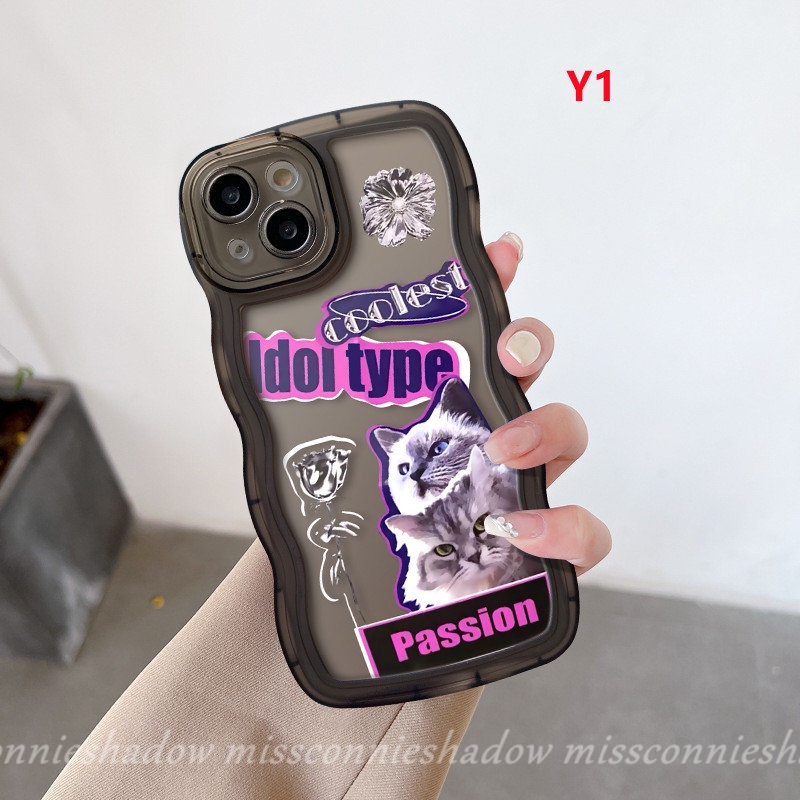 IPHONE Trendy Merek Stiker Label Inggris Ponsel Case Kompatibel Untuk Iphone14 Pro Max XR 6s 6 7 8 14 Plus 11 14 13 12 Pro Max X XS Max SE 2020 Fashion Kucing Keren Bergelombang Tepi Soft Case