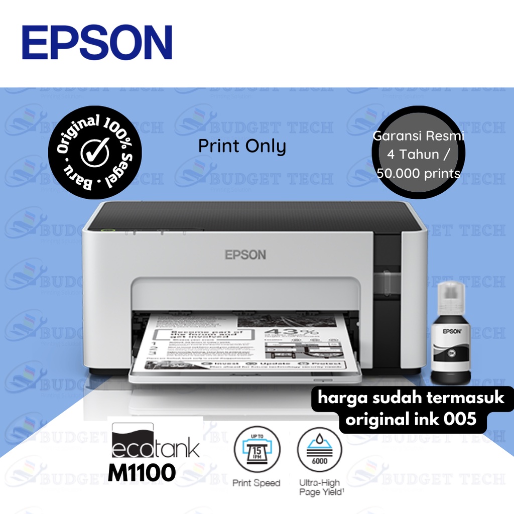 Printer Epson M1100 EcoTank Monochrome M1100 Ink Tank ( cetak hitam putih ) Garansi Resmi