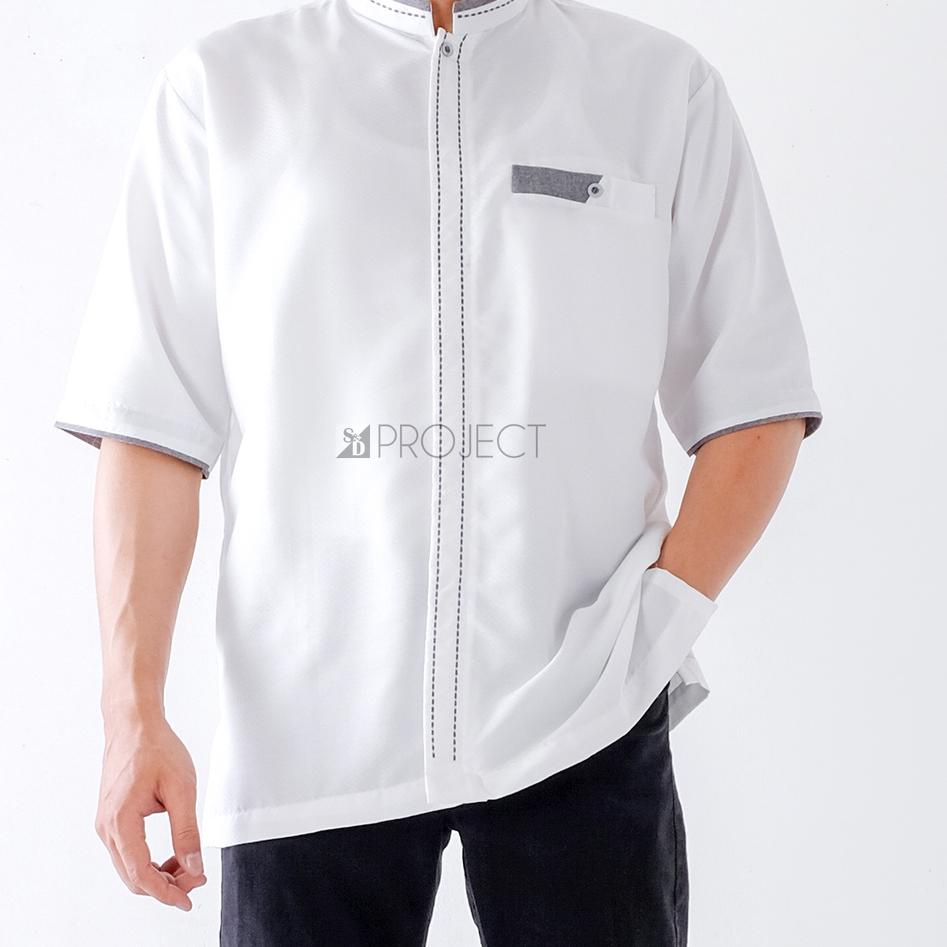 ✬ Baju Koko Poli Katun Bordir Lengan Pendek Ukuran M L XL XXL 3XL 4XL - Putih Tulang ✬