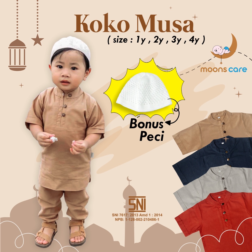 (BONUS PECI) KOKO MUSA BAHAN LINEN PREMIUM - KOKO BAHAN AMAN UNTUK KULIT SENSITIF BAYI - KOKO MUSA SUDAH FREE PECI -MOONS CARE baju koko bayi anak laki laki pakaian muslim linen anak laki laki 1 - 4 tahun premium model kekinian simple elegan stelan baju