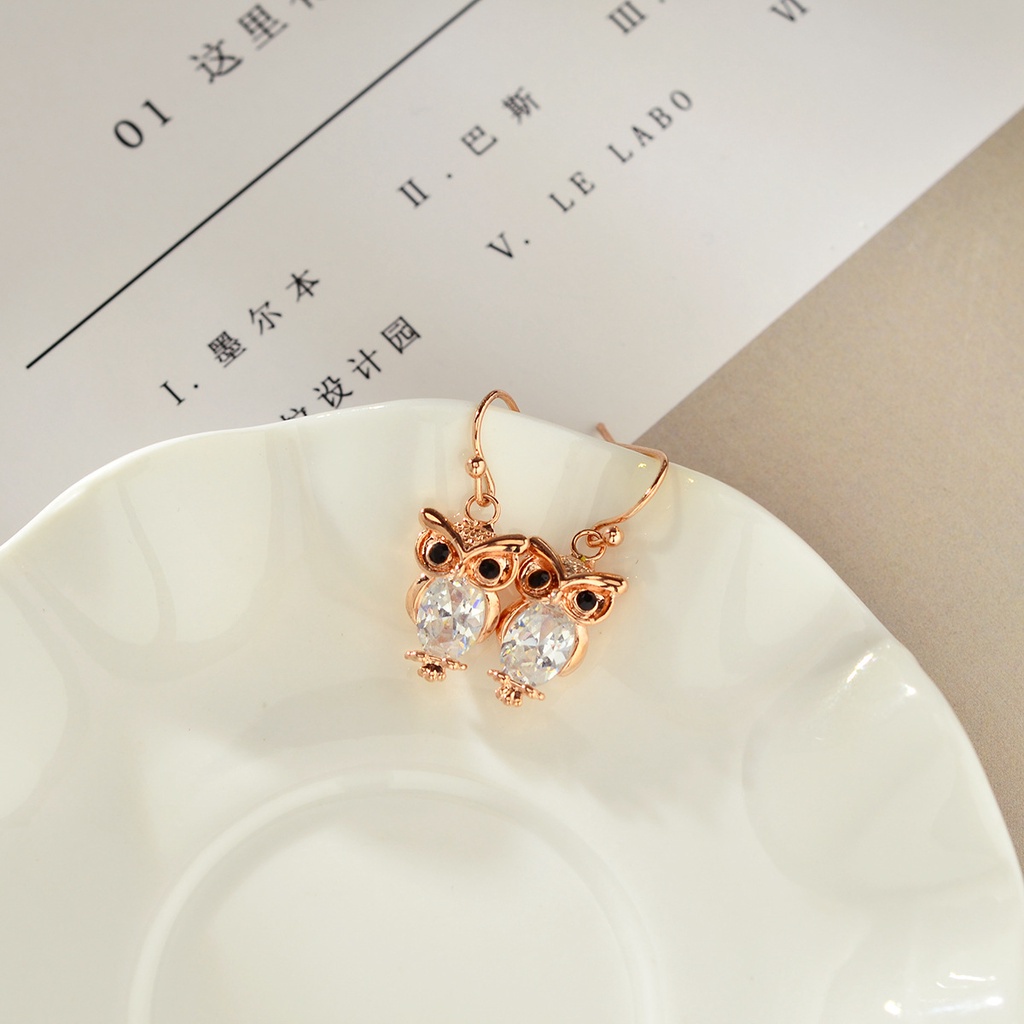 Anting Zirkon Warna Rose Gold | Anting Bentuk Burung Hantu | Aksesoris Wanita | Sendok Garpu Bahan Stainless Steel