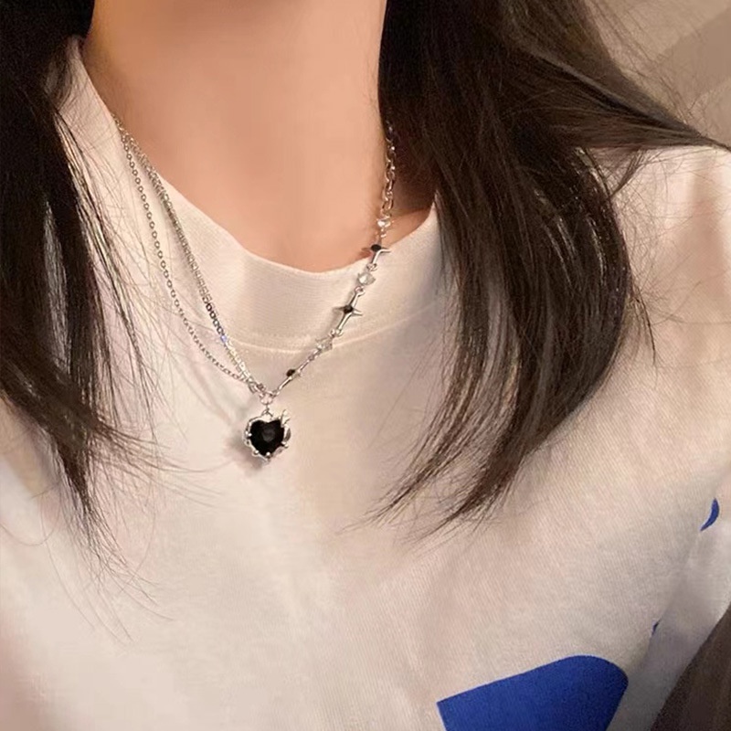 Manis Ungu Hitam Gradien Jantung Starlight Kalung Zirkon Perak Kalung Choker Perhiasan Aksesoris Fashion