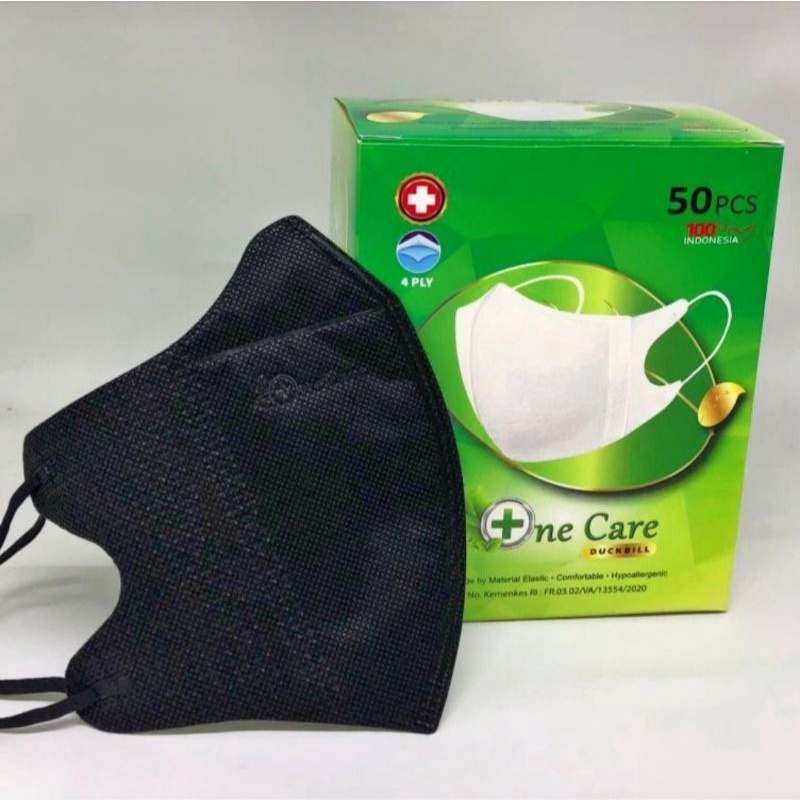 Masker Duckbill Premium ONECARE EMBOS 4ply tebal tali pipih Warna Hitam dan Putih  isi 50pcs+BOX