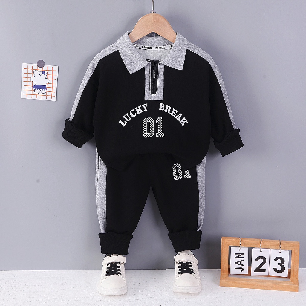 Setelan baju anak unisex MOTIF LUCKY grey &amp; black usia 6 bulan - 5 tahun / pakaian impor ala korea-babylovanta