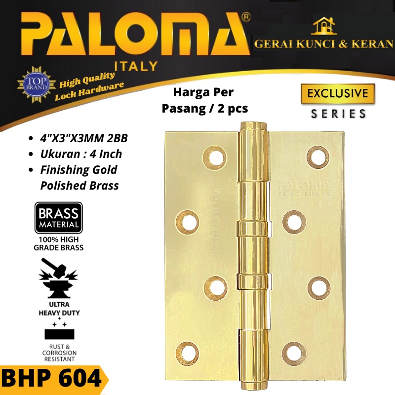 ENGSEL PINTU PALOMA BHP 604 BRASS 4&quot;X3&quot;X3MM 2BB BRASS GOLD PB