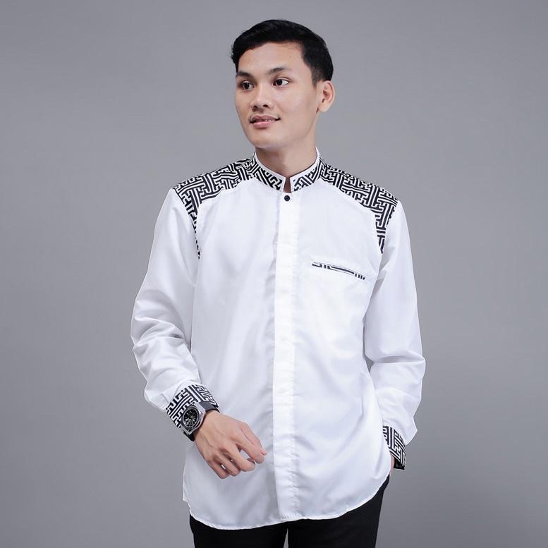 Baju Koko Pria Lengan Panjang Motif Kobata Kombinasi Batik Warna Silver (KODE X1849)