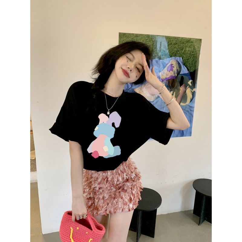 EUNII T-shirt Lengan Pendek Cartoon Colorful Bear Korean Style/Kaos Atasan Wanita/Baju Kaus Oversize Wanita/Kaos Wanita