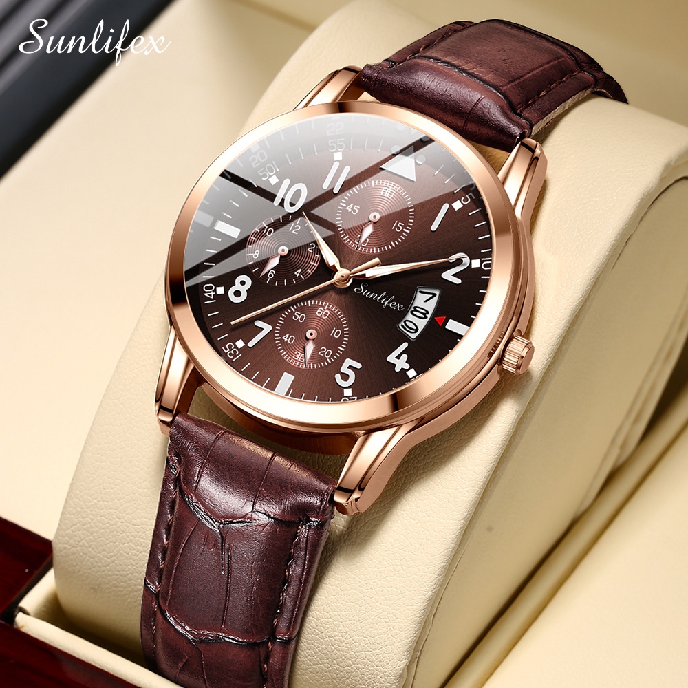 Sunlifex Jam Tangan Pria 7004 Original Anti Air Kuarsa Tali Kulit Jam Tangan Cowok-AllBrown
